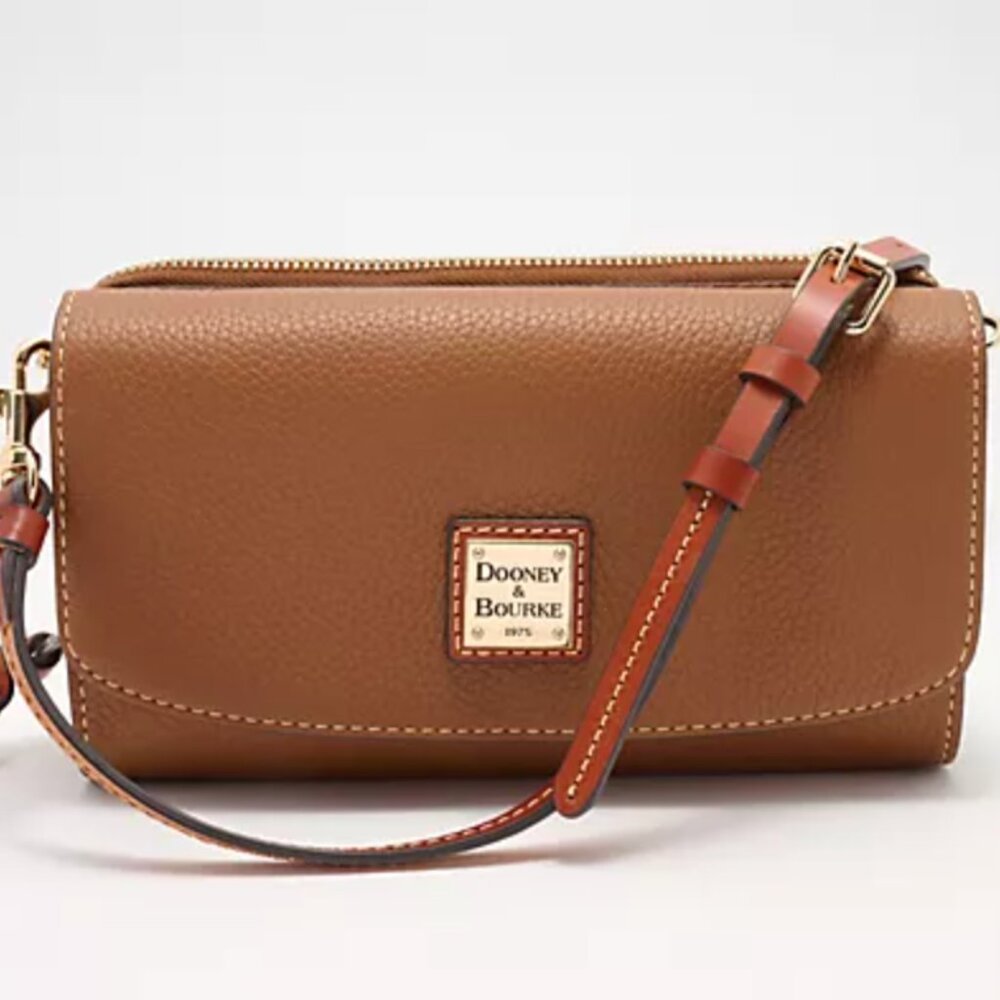 Dooney & Bourke Pebble Leather Caramel Tan Clutch Wallet Crossbody Purse
